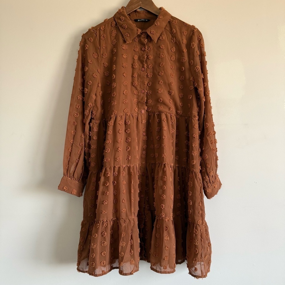 Tiered Long-Sleeve Textured Dress in Rust